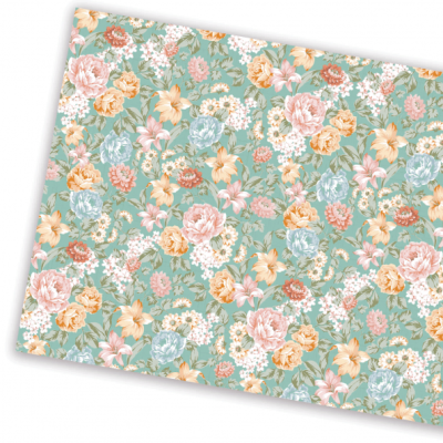 Papel de parede floral em tons pastel sobre fundo verde água