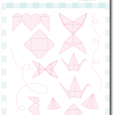 Moldes para origami em folha branca com desenhos rosa e texto da marca