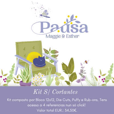 Logotipo Pausa Maggie & Esther, cadeira verde com gato azul e plantas, informação de kit de corte e preço