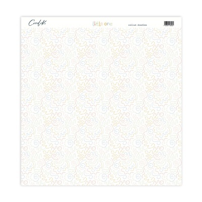 Folha de papel decorativo branca com padrão de nuvens e estrelas em cores pastel