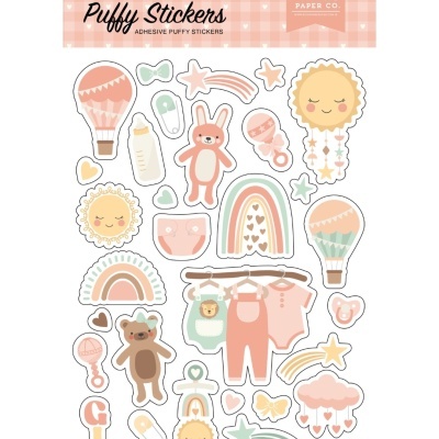 Folha de autocolantes puffies adesivos coloridos com temas de bebé e elementos decorativos pastel