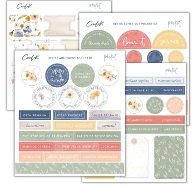 Folhas de autocolantes com design floral e textos em espanhol