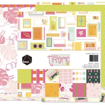 Papel decorativo para artesanato com padrões tropicais e variados em embalagem