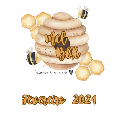 Ilustração de um favo de mel com duas abelhas e textos relacionados a mel e data