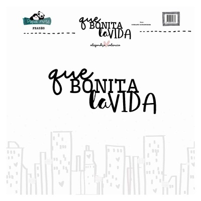 Produto de papelaria com frase que BONITA la VIDA e desenhos de prédios cinza em fundo branco