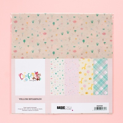 Pacote com papel vellum estampado com cinco padrões coloridos diferentes