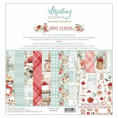 Conjunto de papel para scrapbooking Mintay Papers Apple Season com padrões de maçãs, gatos e rendas