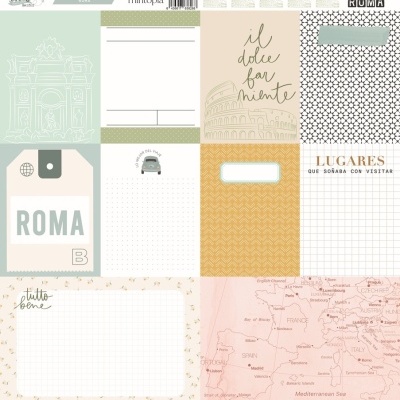 Papel decorativo com temas de Roma, mapas e textos em italiano e espanhol em tons pastel
