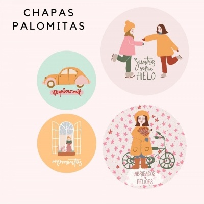 Quatro chapas redondas coloridas com desenhos e texto em espanhol.