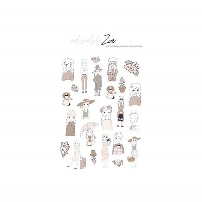 Ilustrações de mulheres em diferentes estilos de moda com acessórios e elementos florais, texto 'adorable Zoe' no topo