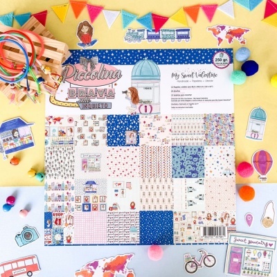 Conjunto de papeis decorativos coloridos para artesanato Piccolina BRAVA com vários padrões e elementos decorativos ao redor