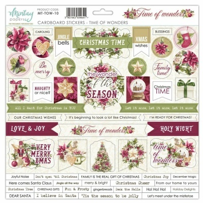 Folha de autocolantes natalícios em cartão com textos e desenhos festivos em cores verde, vermelho, branco e dourado