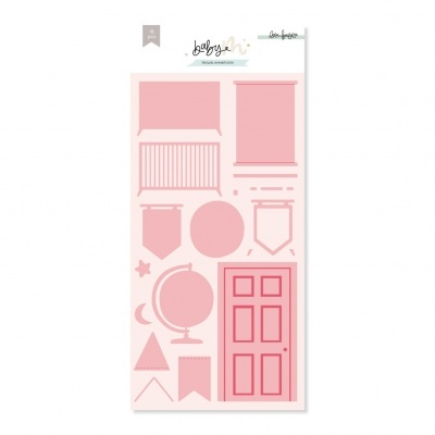 Autocolantes rosas com motivos infantis como porta, globo, bandeiras e berço numa folha branca com texto BABY ON Ana Guerrero