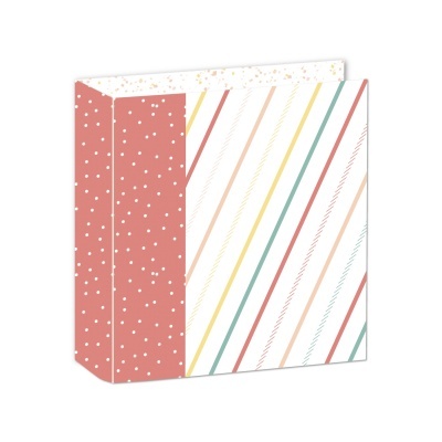 Pasta de arquivo rosa com bolinhas e riscas diagonais coloridas