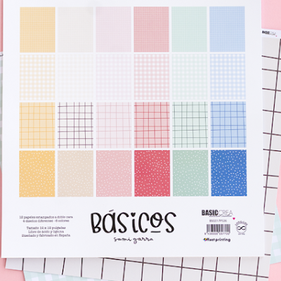 Bloco de papel decorativo com padrões quadriculados pastel e o título BÁSICOS