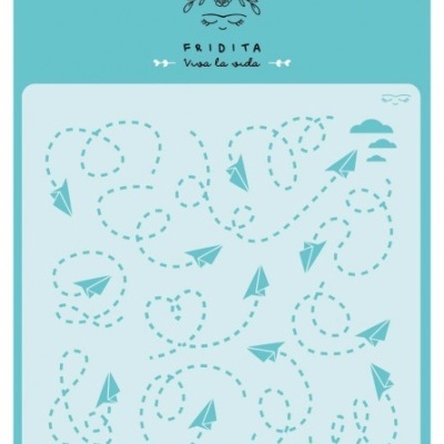 Stencil de aviões de papel com padrão tracejado azul claro em fundo branco, embalagem azul claro