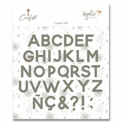 Conjunto de troqueles alfabéticos maiúsculos com caracteres especiais e símbolos em fundo branco com padrão floral cinza