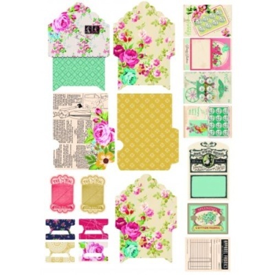 Conjunto colorido de envelopes e etiquetas com padrões florais e vintage.