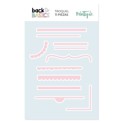 Conjunto de 11 troqueles em rosa claro com várias formas lineares e onduladas em folha azul clara
