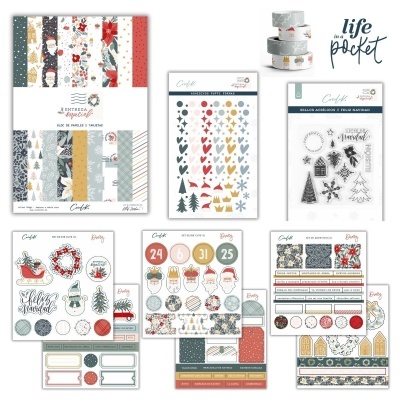 Conjunto de artigos de papelaria e decoração de Natal com padrões e etiquetas festivas