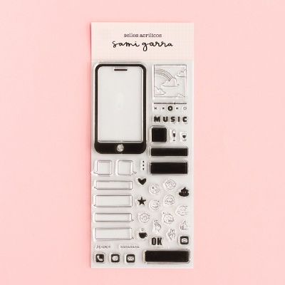 Conjunto de selos acrílicos com desenho de telemóvel e símbolos variados