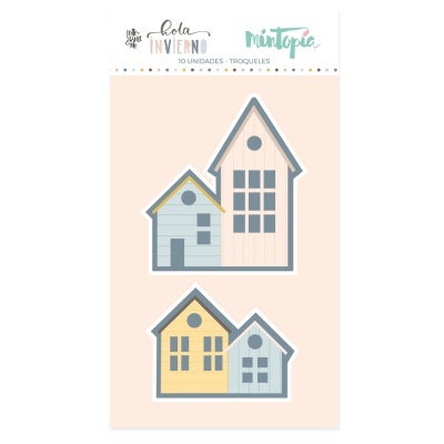 Cartela de troqueles em formato de casas com cores azul e amarelo