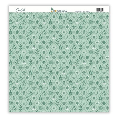 Papel decorativo azul verde com padrão vegetal e etiqueta Copacabana