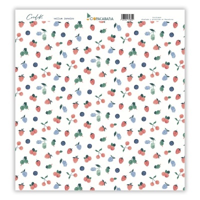 Folha de papel de scrapbook com design de pequenas frutas coloridas num fundo branco.