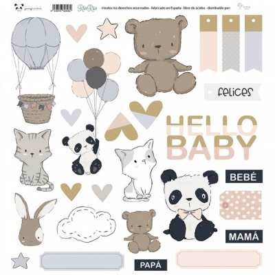 Ilustrações infantis com animais, balões e textos em tons pastel