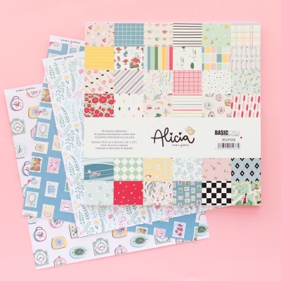 Folhas decorativas para artesanato com padrões coloridos e embalagem com texto 'Alicia' e 'BASIC FOIL'