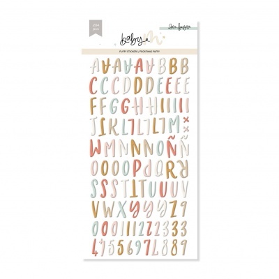 Folha de autocolantes coloridos com letras e números em estilo manuscrito