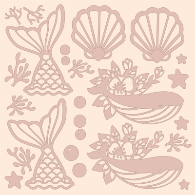 Elementos decorativos rosa claro de tema marinho sobre fundo creme.