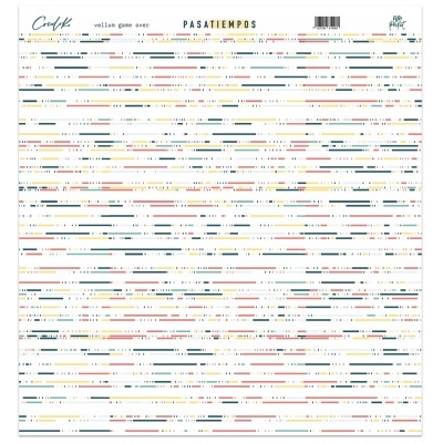 Papel decorativo para scrapbooking com padrão de linhas coloridas horizontais e texto PASATIEMPOS no topo