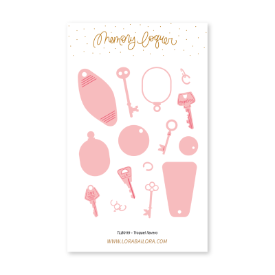 Cartaz com ilustrações de chaves e etiquetas cor-de-rosa e texto Memory Lopez