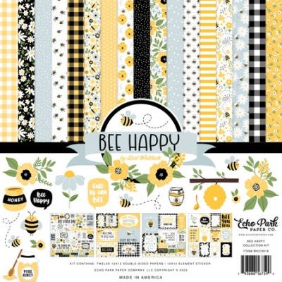 Conjunto de papel para scrapbooking com temas de abelhas e mel em cores amarelo, preto e branco