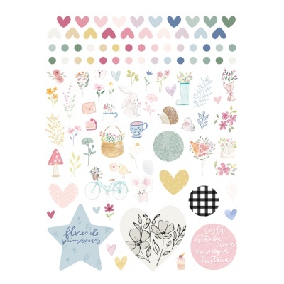 adesivos coloridos com temas de primavera, flores, corações e textos em português