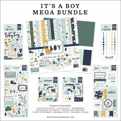 Conjunto de scrapbooking It’s a Boy Mega Bundle com papéis, recortes e autocolantes com tema de bebé menino