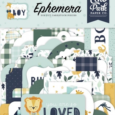 Peças de cartolina recortada com temas de bebé menino e vários padrões