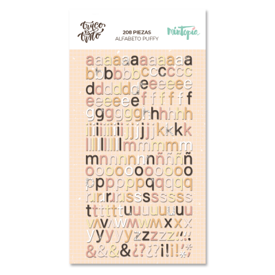 Conjunto de letras Puffy em tons pastel e marrons com 208 peças sobre fundo quadriculado pêssego