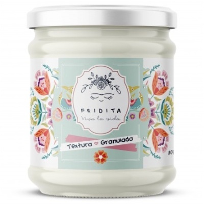 Frasco de vidro com rótulo floral e texto FRIDITA, Textura Granulada