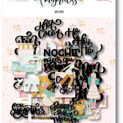 Conjunto de 'die cuts' natalícios coloridos com textos em preto e fundo rosa