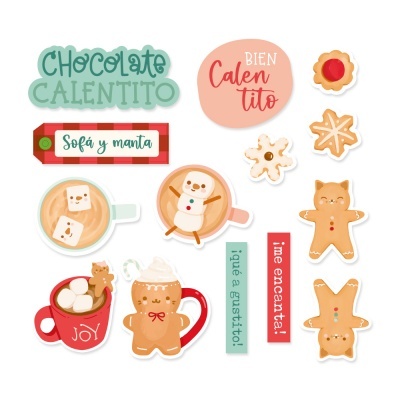 Adesivos temáticos de chocolate quente e Natal com textos em espanhol e figuras de biscoitos e canecas