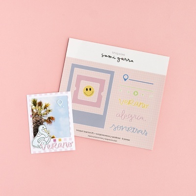 Cartão gráfico com foto de palmeira e texto em rosa claro