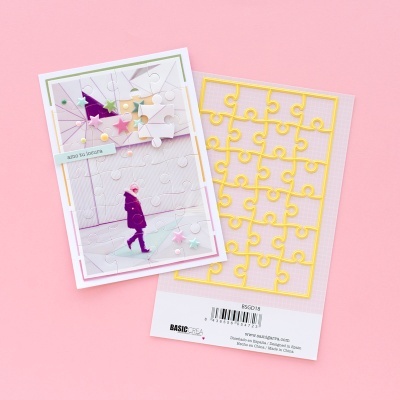 Cartão postal com puzzle amarelo desencaixado, imagem de pessoa na rua e texto 'vamo ao exterior'