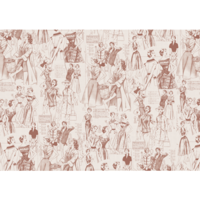 Padrão vintage com ilustrações de mulheres em roupas antigas e textos descritivos.