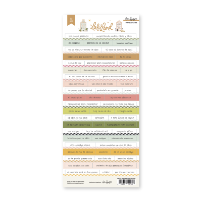 Folha com etiquetas adesivas coloridas e texto em espanhol para organização.