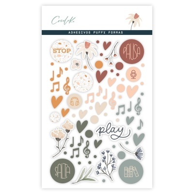 Adesivos Puffy Formas com corações, flores, notas musicais e palavras STOP, PAUSA, SALTA