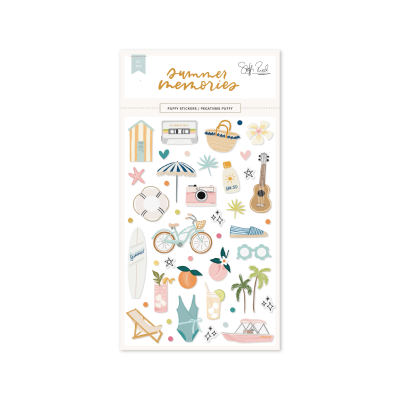 Folha de autocolantes temáticos de Verão com vários objetos e símbolos de férias