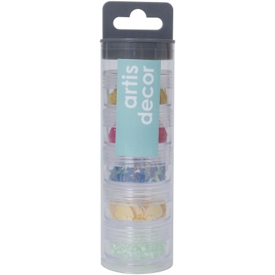 Produto decorativo em embalagem cilíndrica transparente com vários compartimentos coloridos
