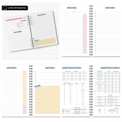 Livro de receitas em espiral com páginas de anotações e tabelas